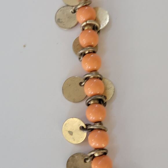 Peach Beaded Necklace with Brass Coin Charms Retro Boho Statement Style Jewelry - Picture 6 of 10